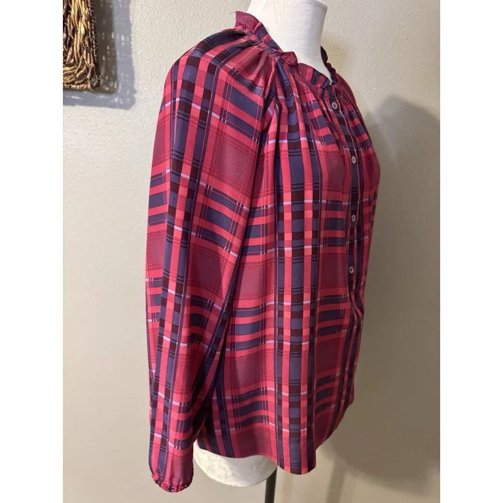 BCBGMAXAZRIA Top Blouse Shirt M Medium SILK Blue Berry Red Plaid Ruffle Trim